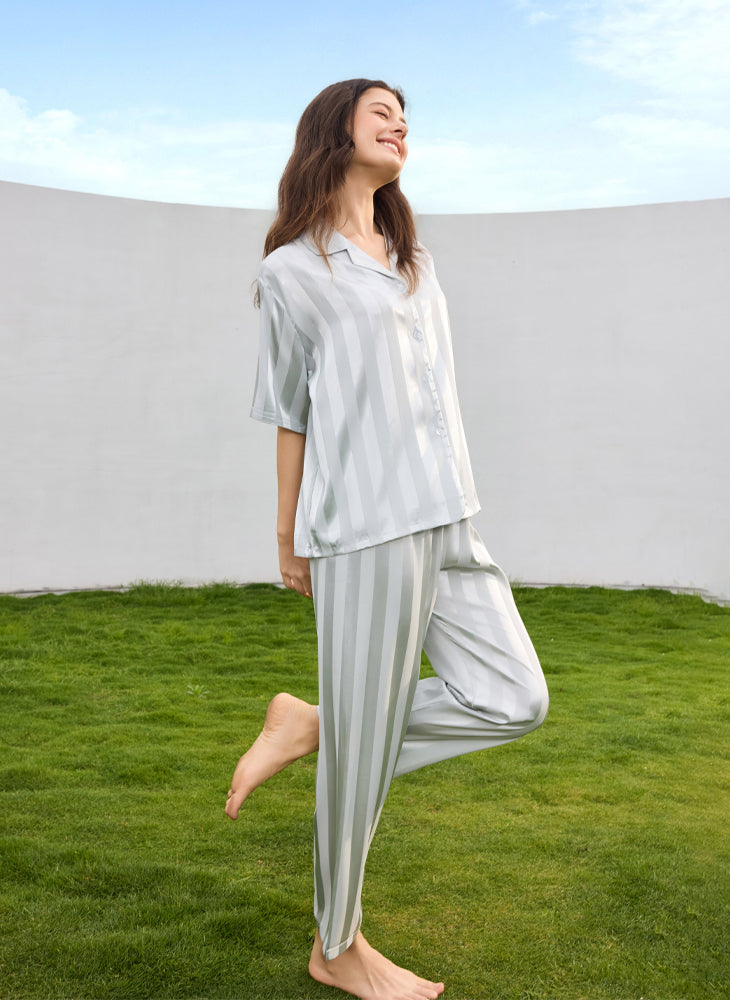 Jacquard Stripes Short Sleeves Top & Long Pants (Clearance)