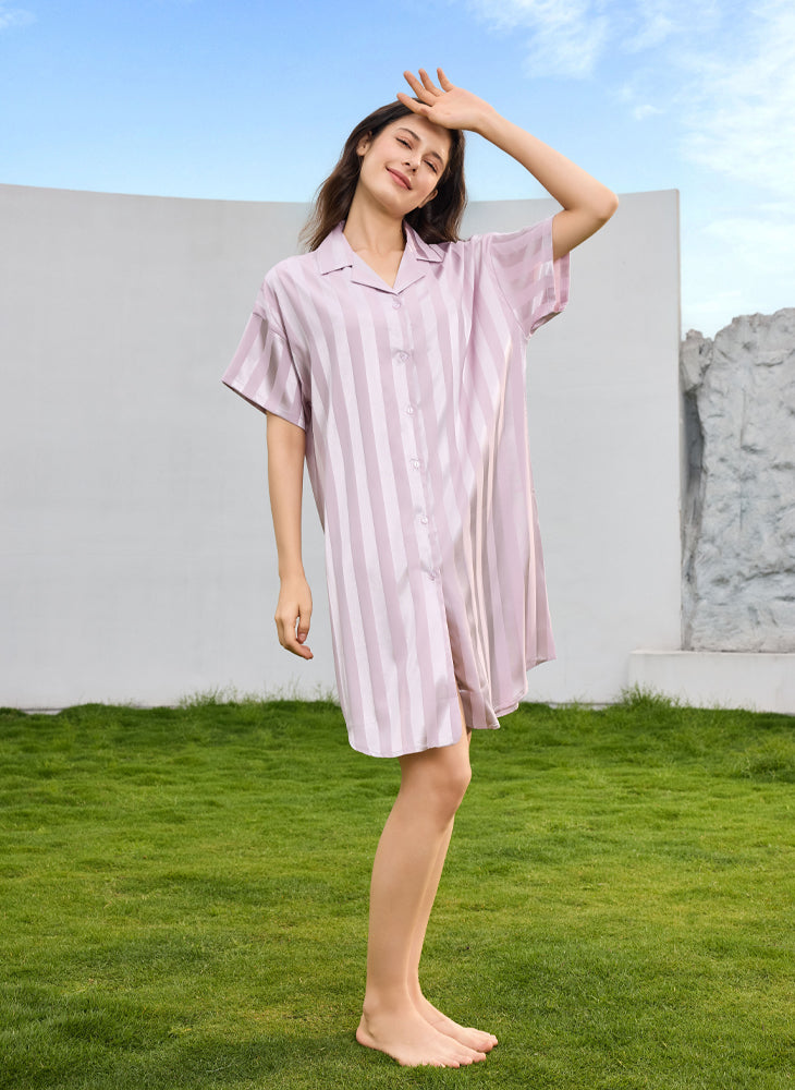 Jacquard Stripes Sleepwear Short Sleeves Dress (Clearance)