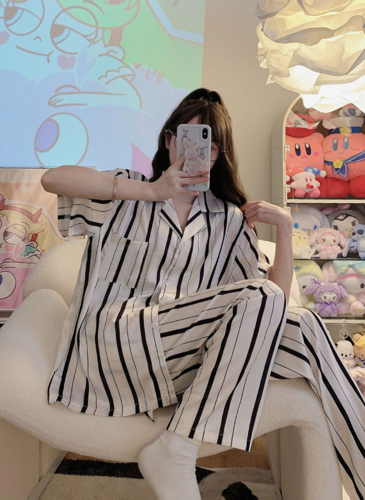 Stripy Satin Short Sleeves Top & Long Pants Pajamas Set